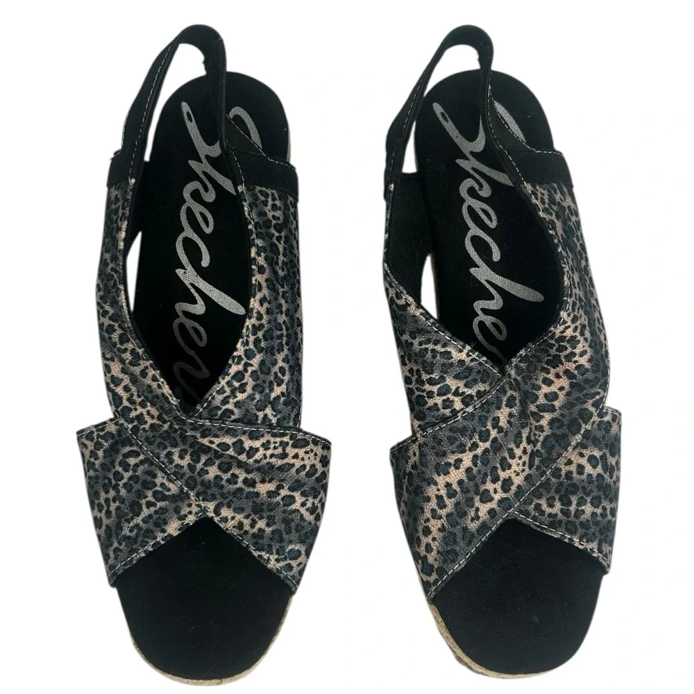 Skechers Cali Club X Ray Tan Black Wedge Sandal Leopard Metallic Shoes 7.5 Comfy